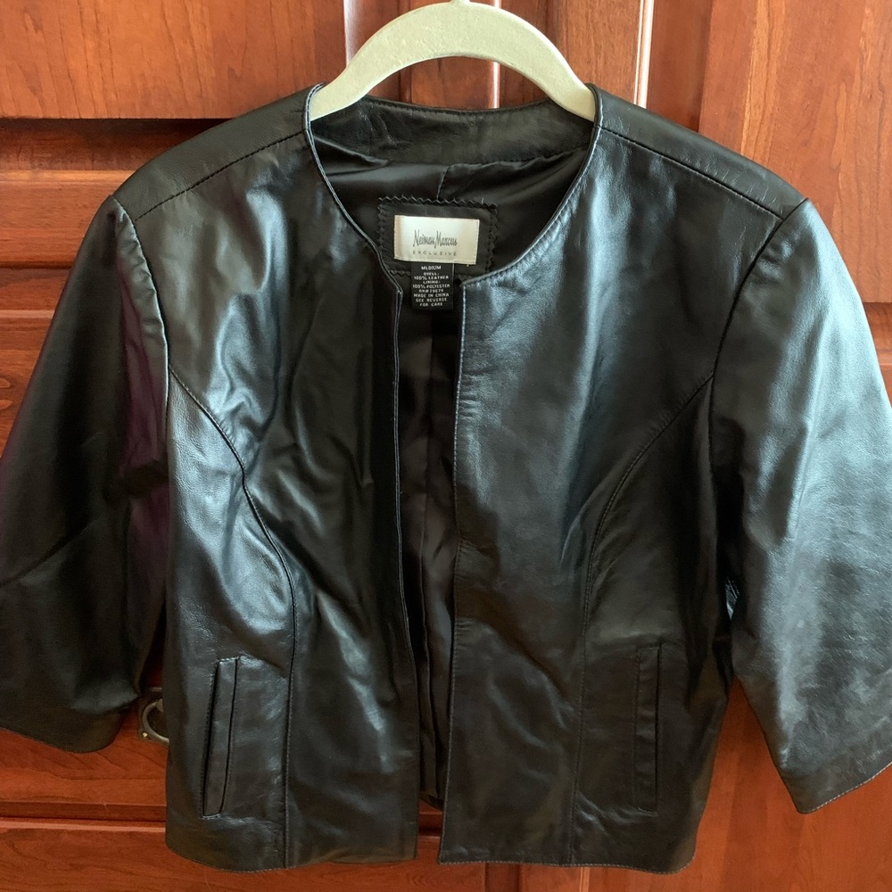 Black lamb skin leather cropped jacket. New. SOLD